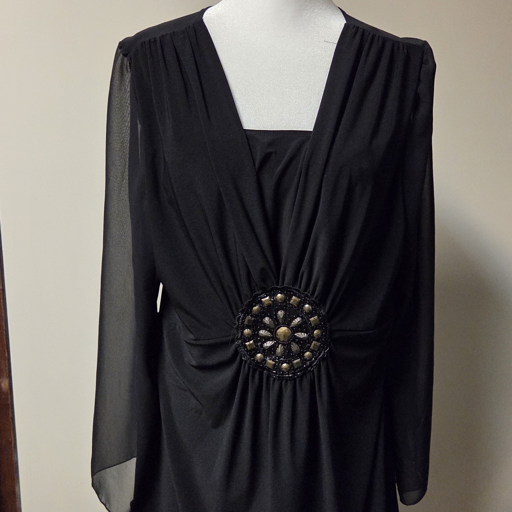 Elegant Black Blouse 2X Sheer Arms